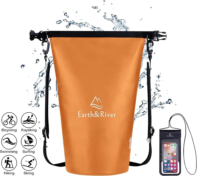 EARTH&RIVER Premium Waterproof Dry Bag Backpack, Extra Thick, Protection for All Water Activities & Camping, Floating Lightweight Dry Bag & IPX8 Waterproof Phone Case (Orange, 10L)