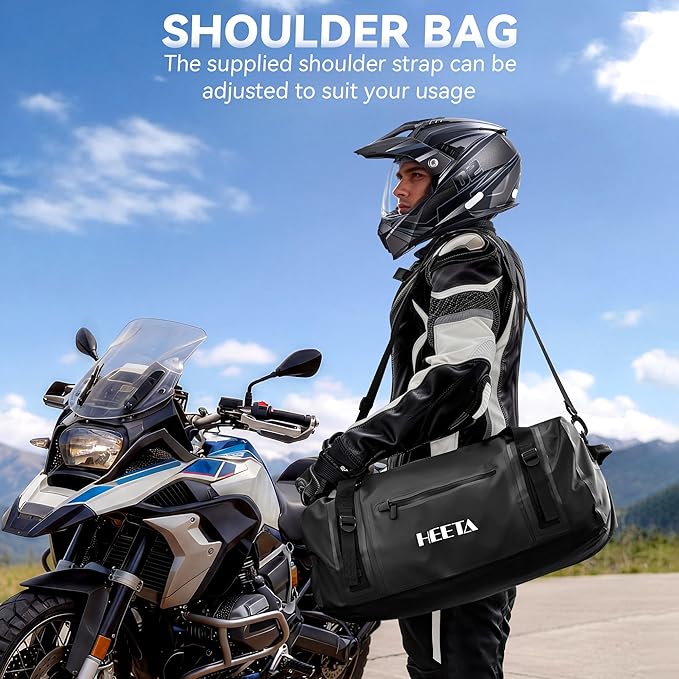 HEETA Waterproof Motorcycle Dry Bag, Waterproof Duffel Luggage Travel Bags with Zippered Closure & Pocket, Shoulder Straps, Large Space for Motorcycling Camping Commuting Boating (Black, 30L)