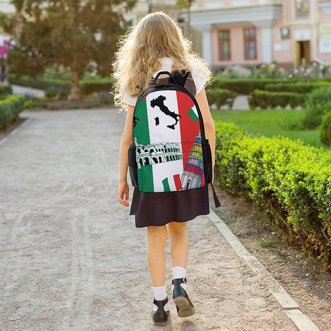 Polyester Daypack Backpack for Climbing Outdoors Running, Big Capacity Multipurpose Anti-Theft Bookbag, Pisa Tower Italian Flag Travel Hiking Camping Rucksack