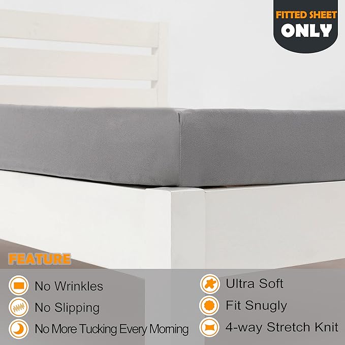 Cot Size Fitted Sheet Only - 4-Way Stretch Jersey Knit & Snug Fit for Bunk Beds, Camping, RV, Folding Beds, Boys & Girls, Wrinkle Free & No Slipping, Soft & Comfortable - Light Gray, Bunk/Cot Twin