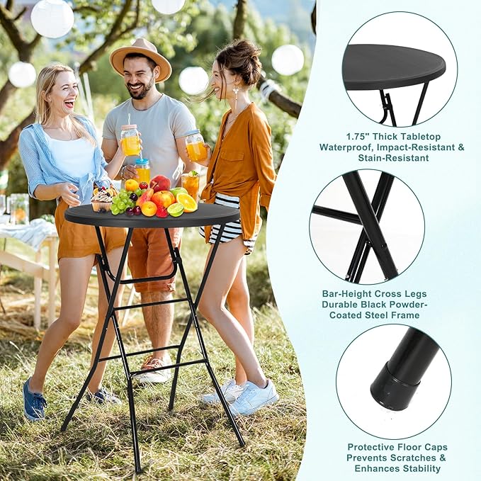 Nice C Plastic High Top Round Table, Portable Cocktail Bar Table with Detachable Legs, 31.5" Folding Tables, Waterproof Outdoor/Indoor Tables for Parties, Weddings, Camping, Backyard (Black, 2 Pack)