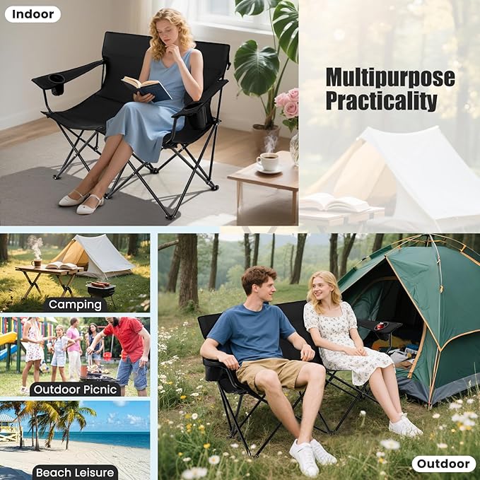 Goplus Double Camping Chair, Oversized Heavy Duty Camping Loveseat for Adults, Portable Folding 2 Person Camping Chair with Cup Holder for Outdoor Lawn Beach Backyard