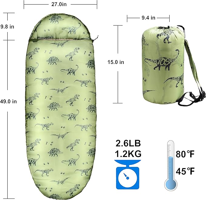 Kids Sleeping Bags for Boys – Military Green Dinosaur – Rioyalo YOLO 45 Camping Sleeping Bags for Kids with Carry Bag - Outdoor and Indoor (Military Dinosaur)