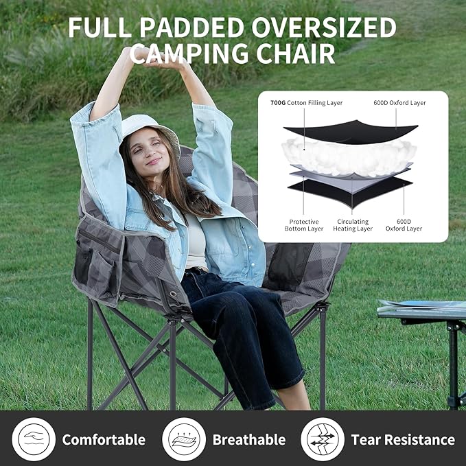 Oversized Heated Camping Chair, 3 Heating Levels Portable Folding Camp Chairs with Pillow and Storage Bag, Outdoor Heated Moon Chair for Camping Lawn Patio Beach and Picnics, Gray Grid