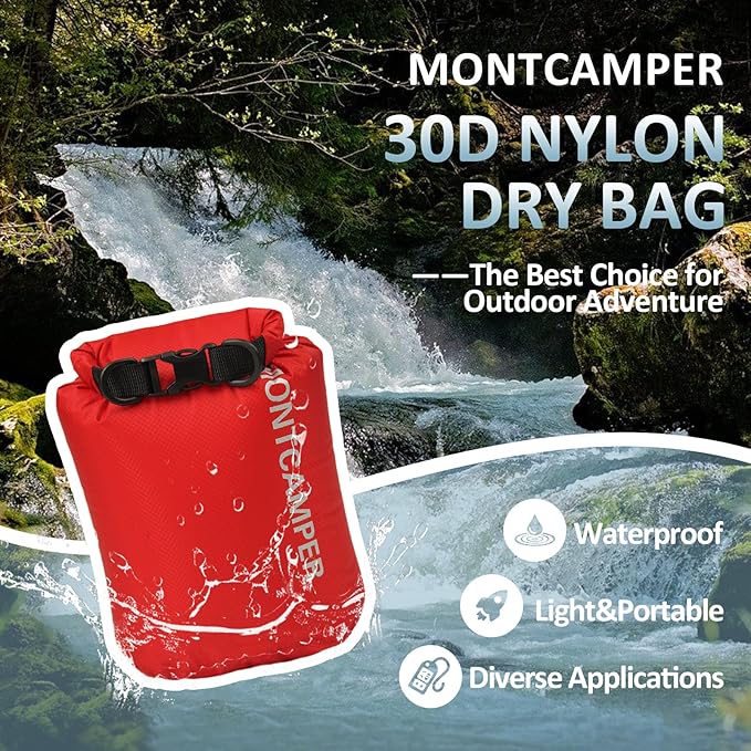 Waterproof Dry Bag 3L – 30D Nylon Roll Top Dry Sack with DWR & PU Coating, Lightweight Water-Resistant Storage for Kayaking, Camping, Hiking, Fishing & Beach (Red)