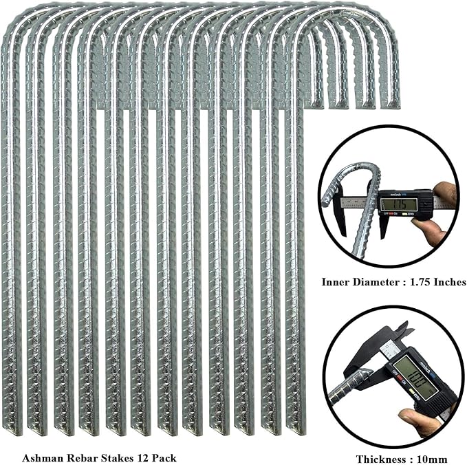 Ashman Rebar Stake Anchor 12 Inches Long (12 Pack), Ideal for Securing Animals, Tents, Canopies, Sheds, Car Ports, Swing Sets. Rust-Resistant and Made of Solid Premium Galvanized/zinc-Coated Metal.