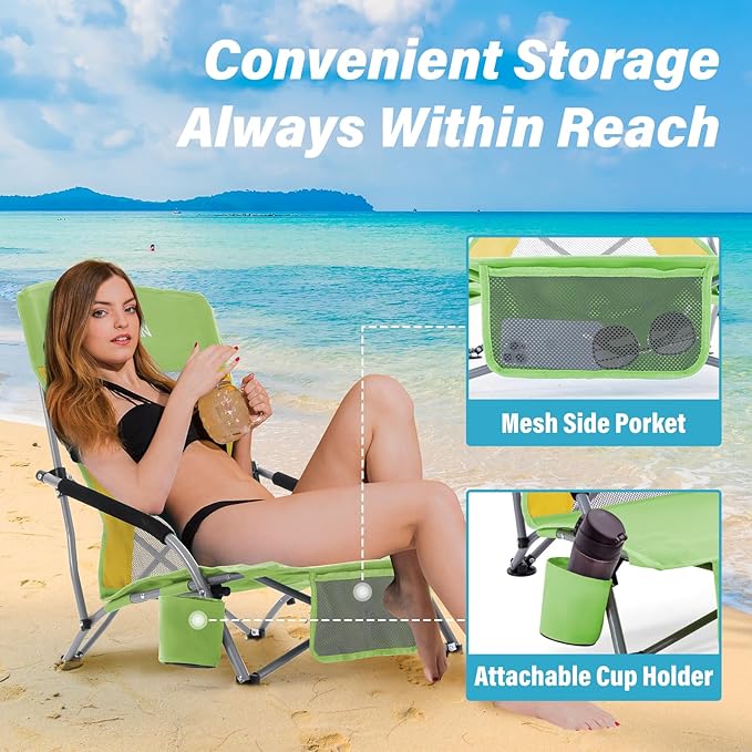 Homcosan Portable Low Folding Beach Chairs Set of 2 - Lightweight Camping Chairs for Adults with Cup Holder & Storage Pockets, Carry Bag Included (Green & Yellow)