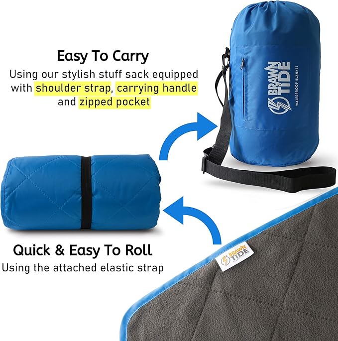 BRAWNTIDE Large Outdoor Waterproof Blanket - Extra Thick Fleece, Warm, Windproof, Sandproof, Quilted, 82" x 55", Ideal for Beaches, Picnics, Camping, Stadiums, Dogs, Car