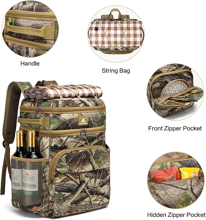 Laripwit Picnic Backpack Cooler - 54 Cans Large Soft Camo Lunch Backpack Bag Insulated Leakproof with Double Deck Compartment