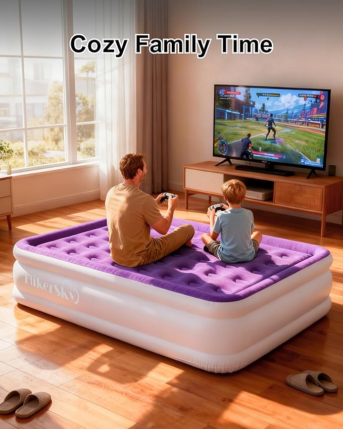 Full Air Mattress with Built in Pump, Inflatable Mattress for Home, Blow up Air Bed 3 Min Quick Inflation and Deflation, Thin Velvet Top, 18'' Full Size Purple
