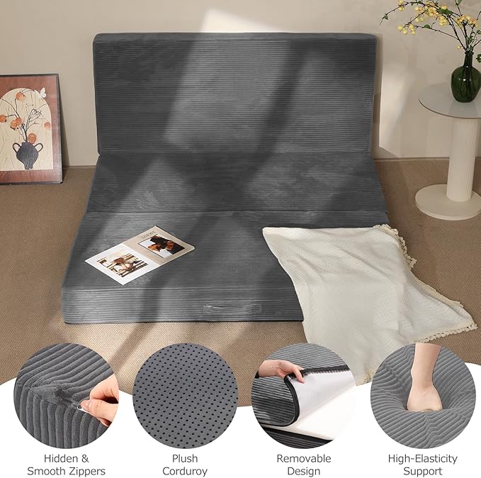 6-Inch Tri-Fold Mattress Full Size - Foldable Futon Sofa Bed with Removable Washable Cover, Folding Memory Foam Futon Mattress | Non-Slip Bottom & Carry Handles for Guest, Camping, Dorm