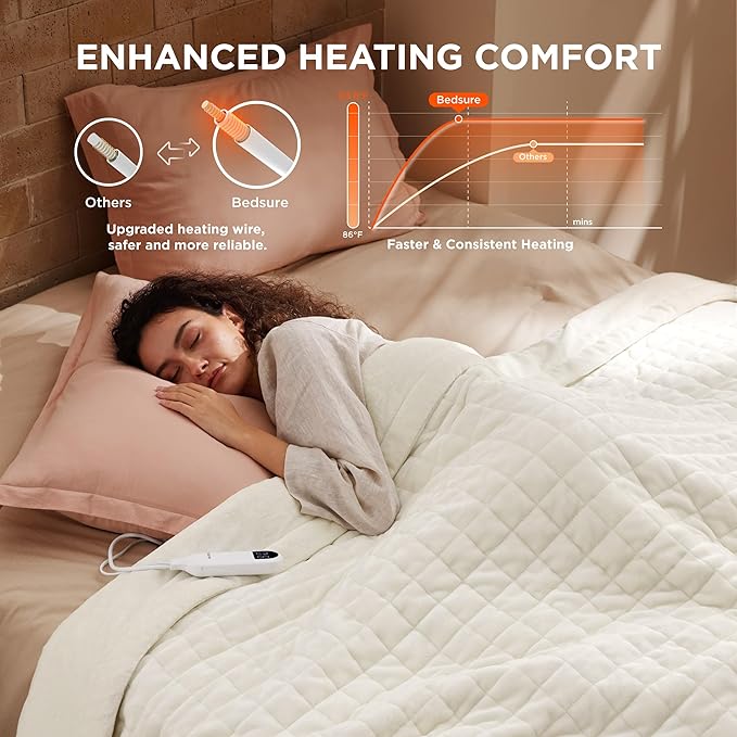 Bedsure Electric Blanket Twin - Quilted Heated Blanket Twin Size, Soft Flannel Thick Heating Blanket with 10 Time Settings & 6 Heat Settings, Warm Gifts for Women Men (62x84 inches, Ivory)