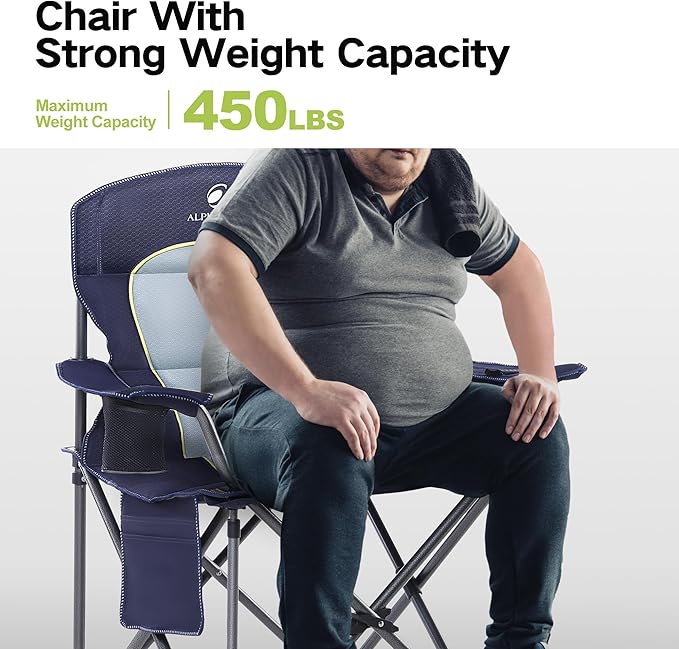 GREEN PARTY Folding Camping Chair Oversized Heavy Duty Lawn Chair with Cooler Bag, Cup Holder, Storage Pocket, Collapsible Padded Outdoor Arm Chair, Quad Lumbar