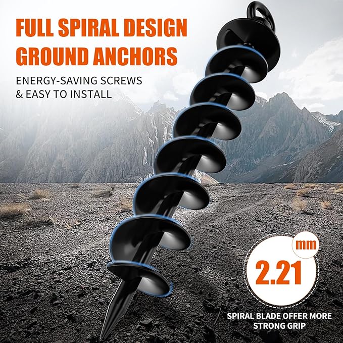 Ground Anchor Screw in, 4 Pack Spiral Trampoline Anchors with Nut and Tool Swing Set Anchors Tent Stakes High Wind Heavy Duty for Sheds, Carports, Mobile Home Black