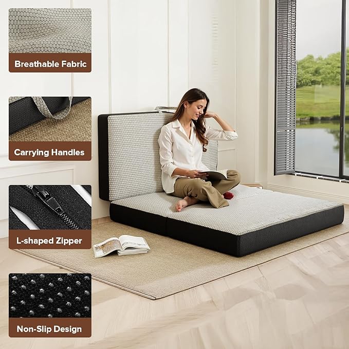 Memory Foam Trifold Mattress, Full Portable Floor Bed 4 Inch, Foldable Mat with Washable Cover, Handle & Non-Slip Bottom, for RV, Travel, Camping, Yoga, 73"x52"x4", Grey