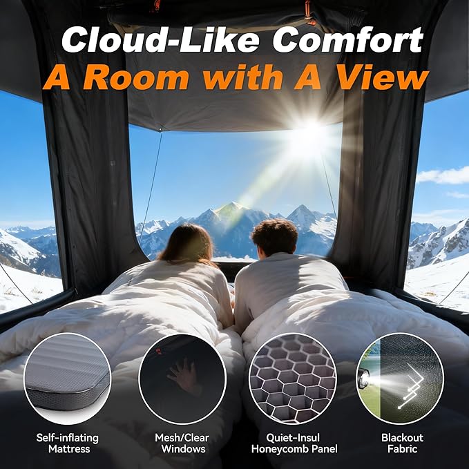 Naturnest Ultra Light Slim Rooftop Tent Hard Shell, Pop Up Tent with Self-Inflating Mattress for 2 Person Camping, Waterproof 4 Season Tents for Truck, Jeep, SUV, Van, Trailer - Polaris Lite