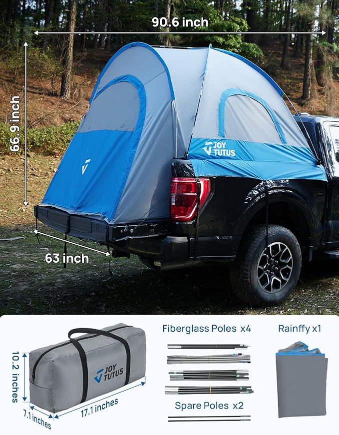 JOYTUTUS Truck Tent, Portable Truck Bed Tent for 5.5'-5.8' with Rainfly, Truck Tent with Fiberglass Pole, Waterproof PU2000mm Double Layer for 2 Person - Blue