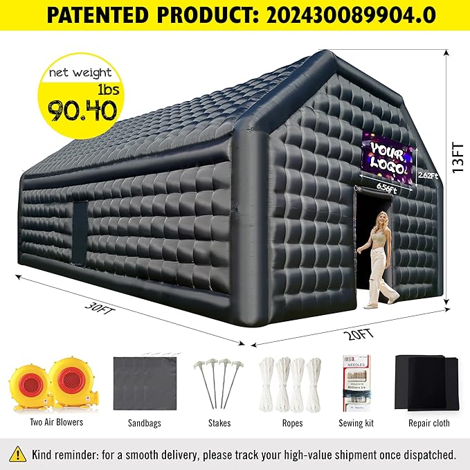 WARSUN 30x20x13Ft Inflatable Nightclub with Two 680W Blowers Large Black Inflatable Night Club Party Tent Disco Cube Gazebo Event House for Birthday, School Events, Backyard Party, Rental Business
