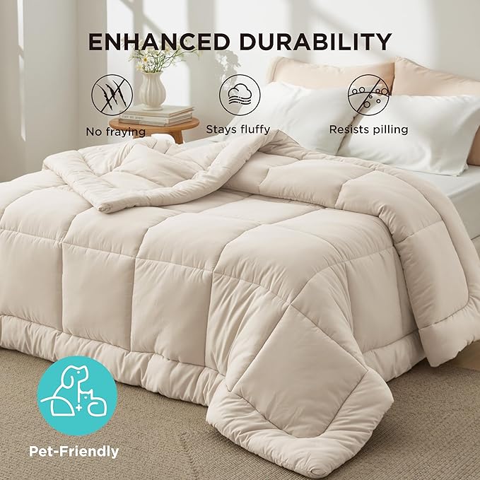 Bedsure Comforter Duvet Insert - Quilted Comforters Full Size, All Season Duvet, GentleSoft Down Alternative Bedding, with 8 Tabs, Gifts for Women/Men, Linen, Full 86 x 82 Inches