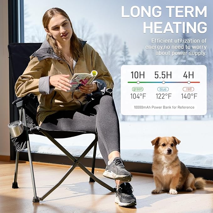 EVER ADVANCED Heated Reclining Camping Chairs for Adult Lightweight, Folding Recliner Chair with Adjustable Back, 4-Level Chairs, Portable Lawn Chairs for Patio Balcony, Supports 350lbs Black