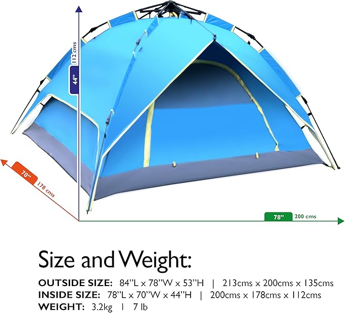 3 Person Tent, Instant Pop up Dome Tent for Camping with Waterproof Rain Fly, Easy Setup Outdoor Camping Tent & Shelters