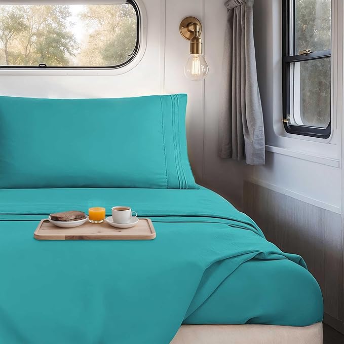 Hearth & Harbor Short Queen Sheets for RV, Teal RV Queen Sheets, Silky Soft 1800 Microfiber Bed Sheet for Camper, 4 Piece RV Bedding with Pillowcases