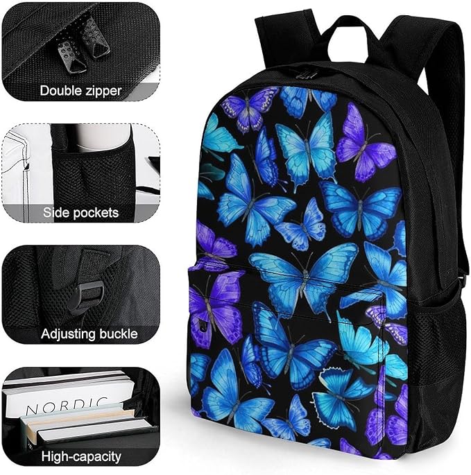 Shoulder Book Bags Polyester Multipurpose Anti-Theft Blue Butterflies Carry On Bag Large Capacity Travel Hiking Camping Rucksack