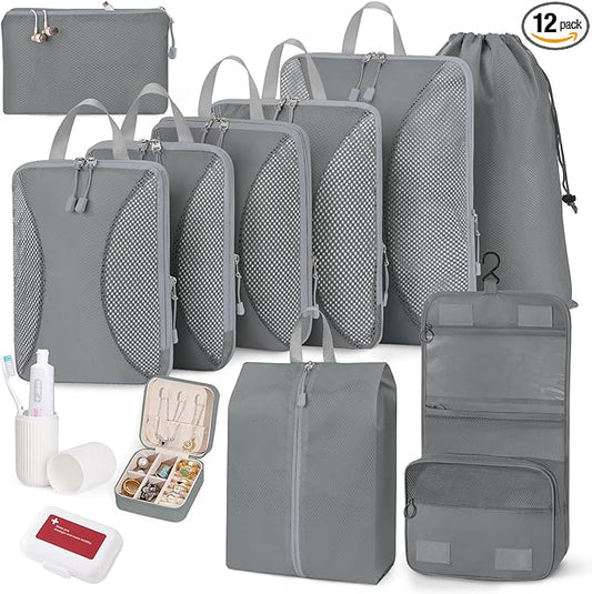 Compression Packing Cubes 12 Set, Suitcase Organizers, Extendable Packing Cubes, Gray