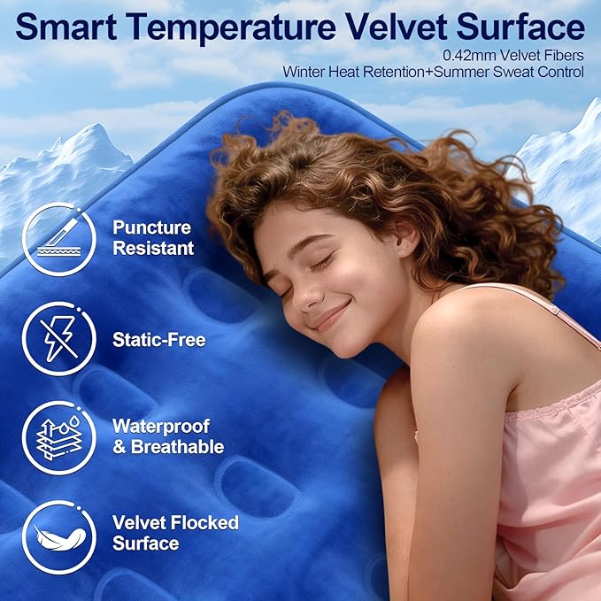 Queen Air Mattress with Built in Pump, 48Hr Leak-Proof Test, 3 Mins Quick Self-Inflation, Flocked Top Airbed with Carry Bag for Home, Camping, Honeycomb Pillar Design, Supports 650 lbs