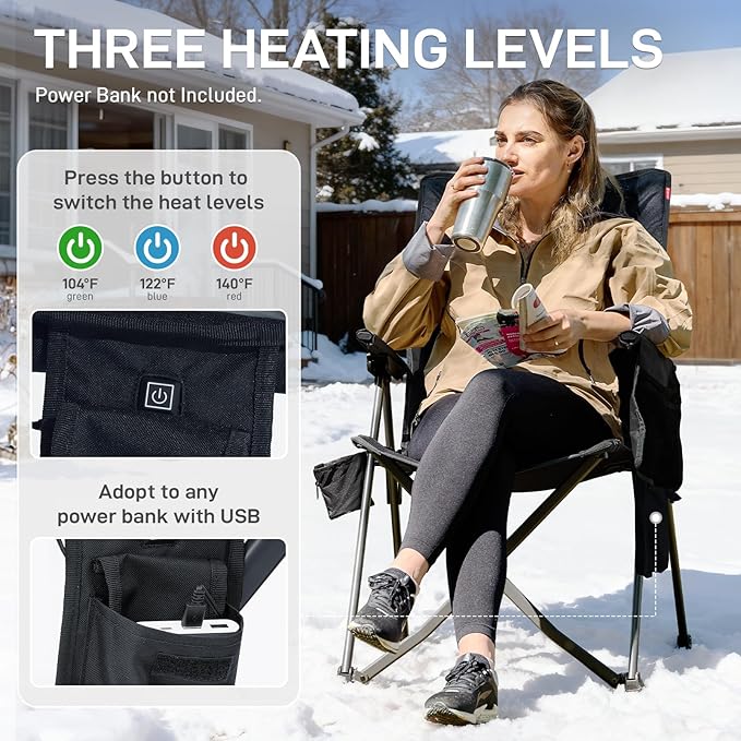 EVER ADVANCED Heated Reclining Camping Chairs for Adult Lightweight, Folding Recliner Chair with Adjustable Back, 4-Level Chairs, Portable Lawn Chairs for Patio Balcony, Supports 350lbs Black