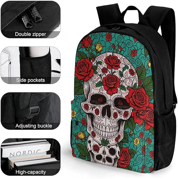 Supdreamc Daypack Bookbag Anti-Theft Multipurpose Large Capacity Bookbag, Sugar Skull Roses Flower Art Travel Hiking Camping Rucksack With Adjustable Shoulder Straps