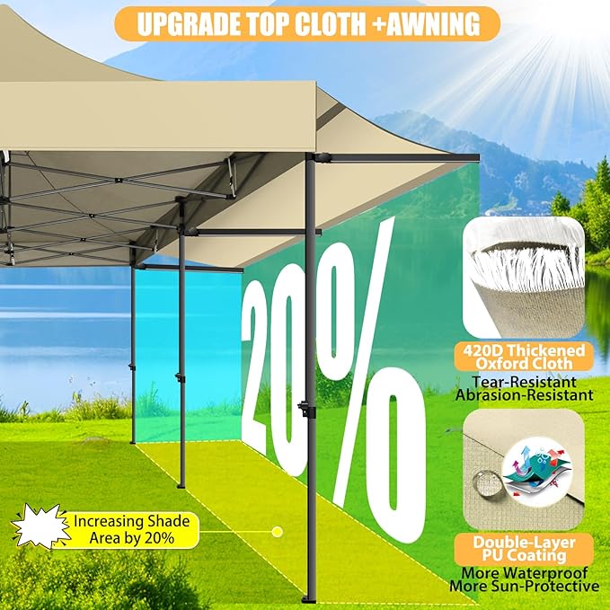 COBIZI 10x20 Pop Up Canopy Tent with Awning,Heavy Duty Canopy UPF 50+ All Season Wind Waterproof Commercial Outdoor Street Vendors Party Tents for Parties Canopy with Roller Bag(10 x 20 ft Khaki)