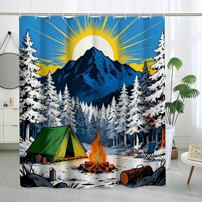 Mountain Shower Curtain, Nature Outdoor Tent Campfire Summer Blue Washable with Hooks Design Print Bath Curtains for Bathroom Toile Guest Room Decor 62x72 Inch