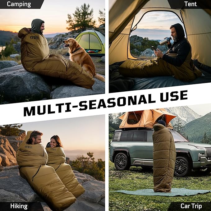 Sleeping Bag for Adults, Warm Weather Camping Mummy Sleeping Bags (25-36℉) with Adjustable Hood, Phone Pocket & Compression Sack for Hiking Travel Hunting