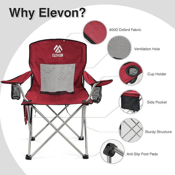 Elevon Folding Camping Chairs, Portable Outdoor Beach Chair for Adults with Carry Bag & Cup Holder, Foldable Lawn Chair with Mesh Backrest for Camp Fishing Hiking Travel Picnic Sports,