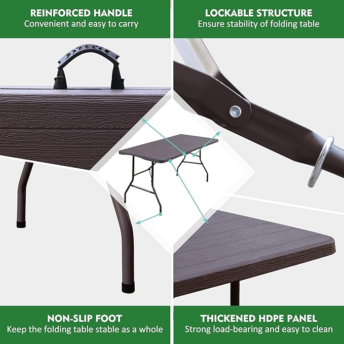 Foldable Table, Plastic 6FT Folding Table, Indoor Outdoor Portable Utility Table with Handle for Party, Camping and Picnic, Brown