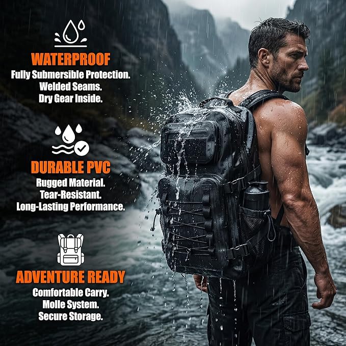Dry Bag Waterproof Backpack 30L Tactical Backpack for Kayaking Hiking Boating Paddle Boarding Fishing Travel Camping Beach Floating Dry Bag for Men Women (Black)