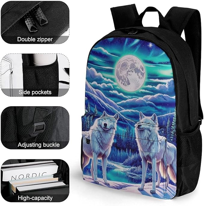 Supdreamc Backpack Multipurpose Anti-Theft Large Capacity Bookbag, Wolves Moon Aurora Art Travel Hiking Daypack With Side Pockets