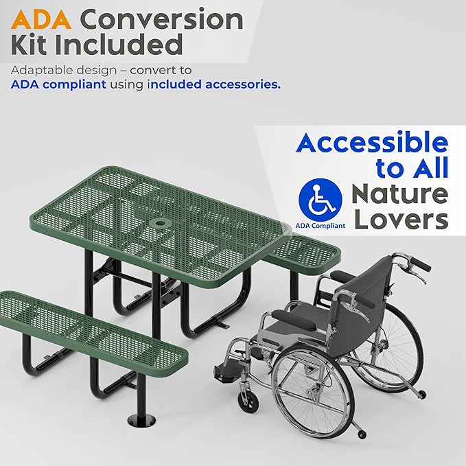 Metal Picnic Furniture for Outdoors with Umbrella Hole - Coated Steel Heavy Duty Commercial Grade Table with Adjustable Seats, Patio Set for a Lifetime (Green, 4' Rectangular)