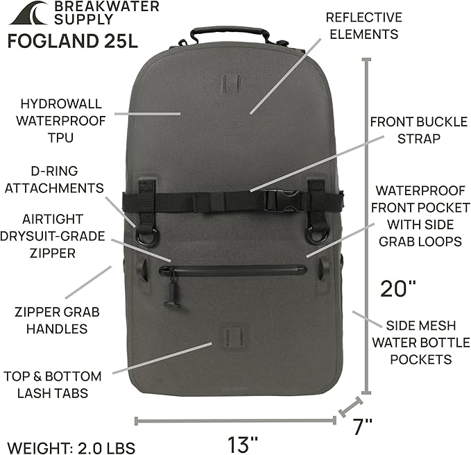 Breakwater Supply™ Fogland Waterproof IP68 Submersible Backpack with Airtight Zippers | Laptop Travel Outdoors | 25L 20L 15L | 100% Waterproof, Submersible, Airtight Zippers, Travel Outdoors