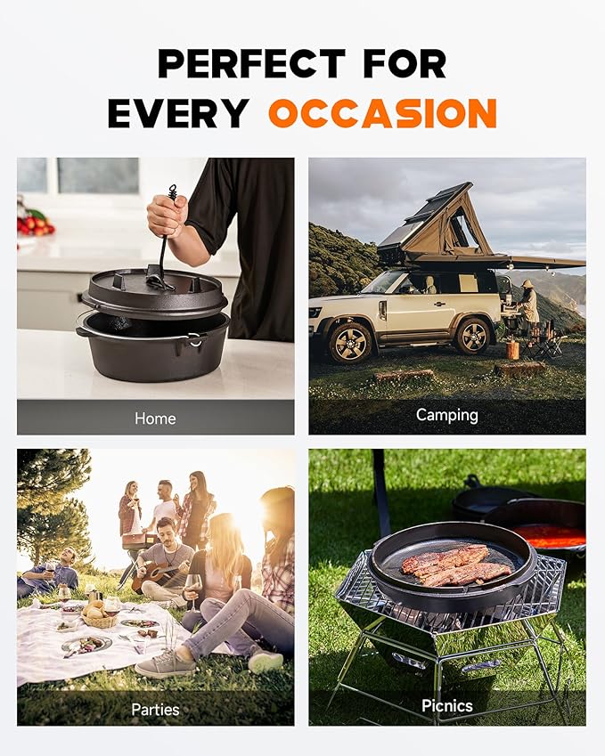 DARTMOOR 9 Quart Pre-Seasoned Cast Iron Dutch Oven with Lid and Lid Lifter Tool Outdoor Deep Camp Pot for Camping Fireplace Cooking BBQ Baking Campfire 9 QT