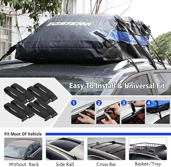 Rooftop Cargo Carrier Roof Bag,100% Waterproof,15 Cubic Feet for All Vehicle with/Without Rack,Includes Anti-Slip Mat+10 Straps+6 Door Hooks+6 Extension Straps+Soft Roof Top Luggage Lock
