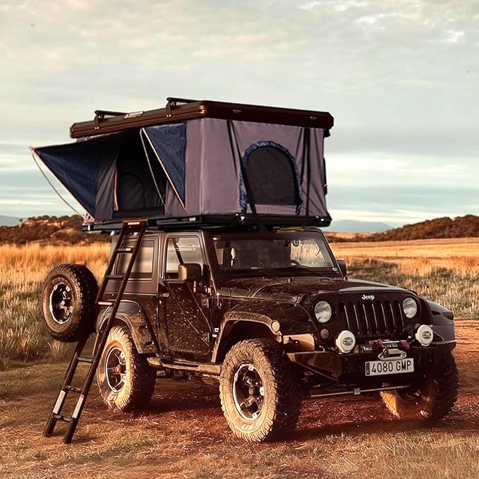 Hard Shell Roof Top Tent with Adjustable Roof Crossbars, 1-Minute Setup, 2-3 Person All-Season Camping Tent, Includes 3" Mattress, Ladder & LED Light - for SUV, Truck, Van(Standard Version)
