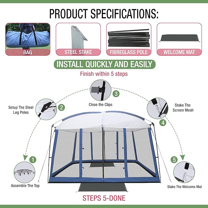 Backyard Expressions 11' x 9' Screen Tent - Blue Screen House for Backyard, Camping, Picnics and Tailgating - 914891