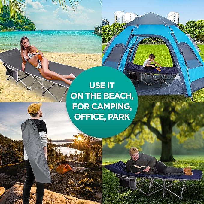 ZONETECH Folding Outdoor Camping Travel Cot and Pad - Premium Quality Lightweight Portable Heavy Duty Adult & Kids w/Large Pocket and Cushion (Gray & Blue 1-Pack)