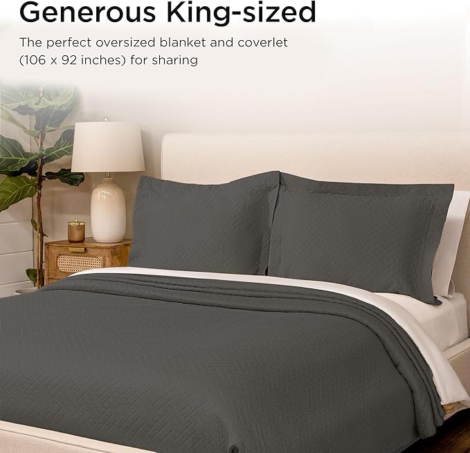 Threadmill Luxury Cotton Blankets for King Size Bed | All-Season Cozy 100% Cotton King Blanket | Criss Cross Jacquard Soft & Lightweight Coverlet fits California King Size Bed, 104x92 | Dark Grey