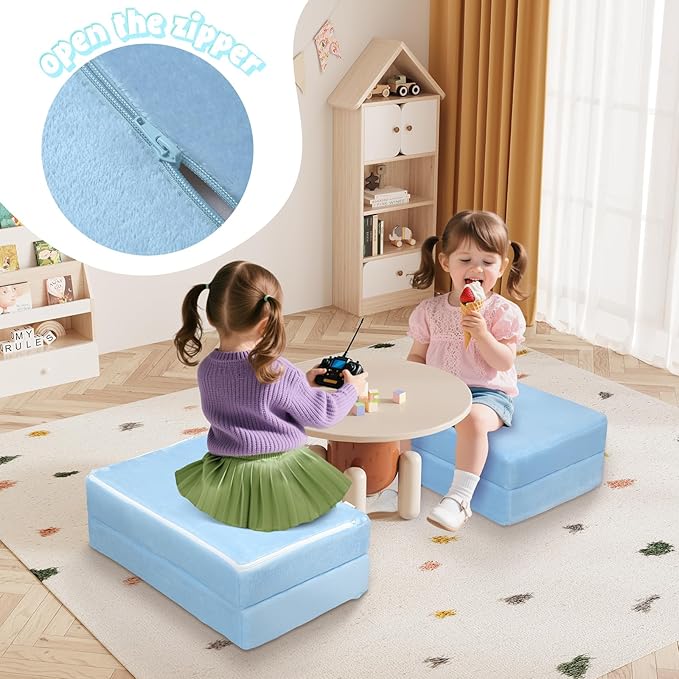 MeMoreCool Kids Folding Mattress, Trifold Mat Foldable Floor Mattress for Kids, 63x26 Tri Fold Floor Mat with Washable Cover and Carry Bag, Portable Floor Mat for Sleepover Daycare, Blue