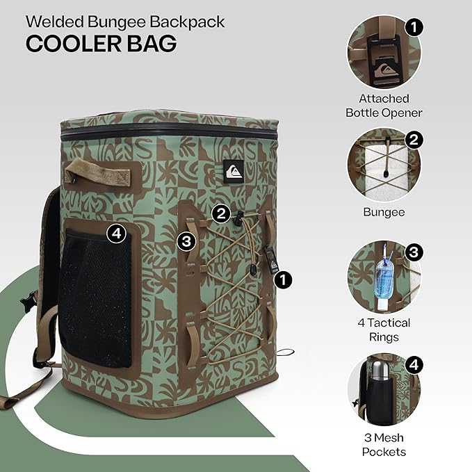 Quiksilver Welded Bungee Backpack Cooler, 30L/36 Cans, 48-72 Hours Insulation, Leakproof & Waterproof IPX7 Rated, Heavy-Duty 600D TPU, Adjustable Straps