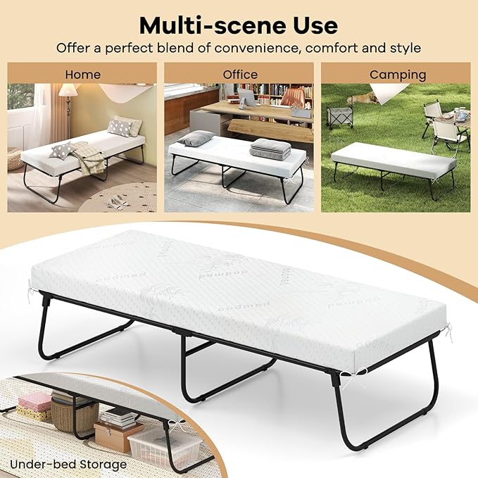 Giantex Folding Bed with Mattress, 75" x 31" Rollaway Guest Bed with Memory Foam & Heavy-Duty Metal Frame, Space-Saving Fold up Beds, Cot Size Portable Roll Away Beds for Adults