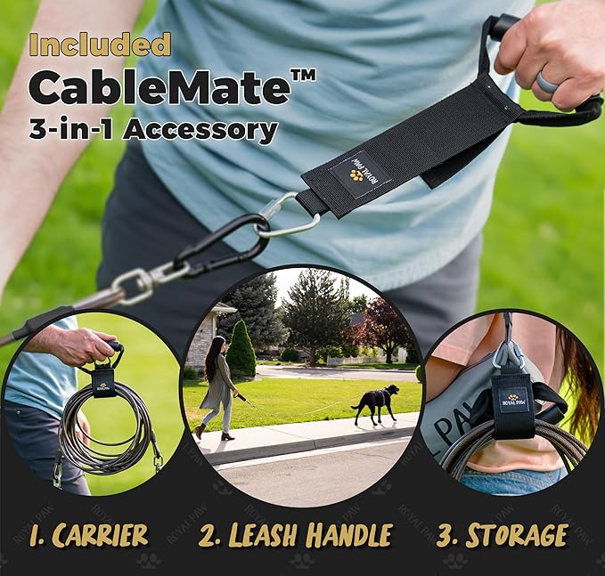 ROYAL PAW Dog Tie Out Cable and Stake 20ft - for Large Dogs up to 300 lbs - Heavy Duty Tether and Dog Stake for Yard, Beach & Camping Outside (Black, L/XL - 20ft)